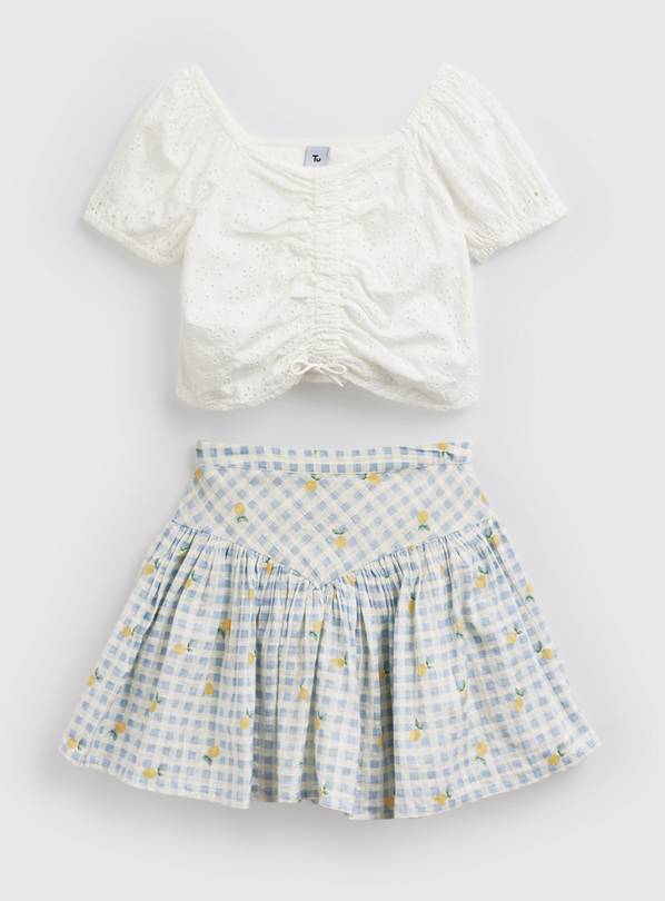 White Top & Blue Gingham Skirt Set 9 years
